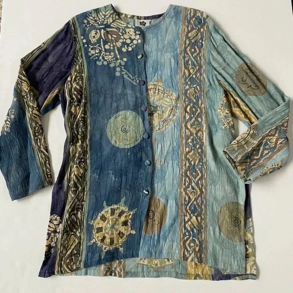 Hilo Hattie Hawaiian Vintage Button tunic Top Gypsy sun art  Resortwear tropical